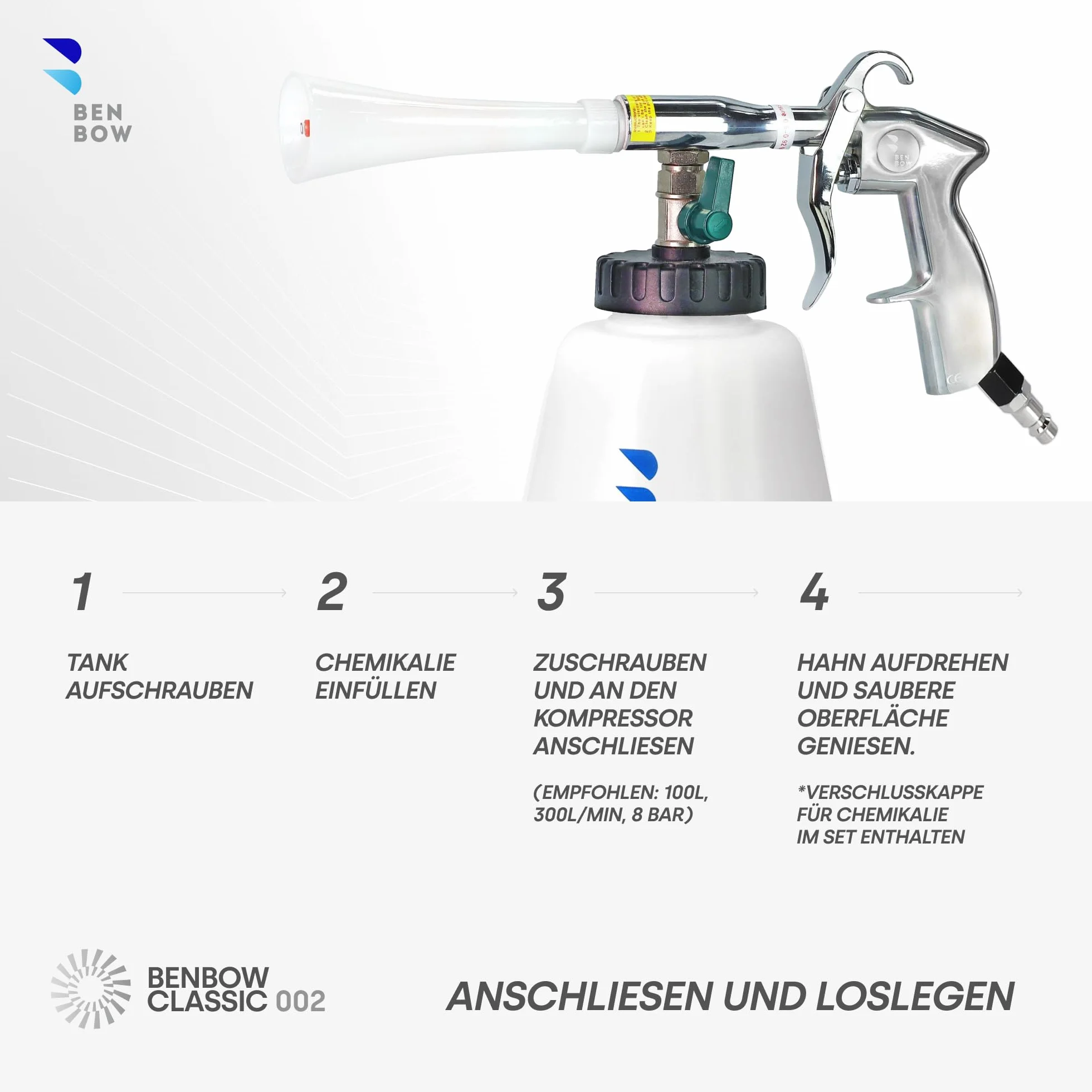 BenBow Klasyczny pistolet do czyszczenia sprężonym powietrzem, lejek z tworzywa sztucznego, wydajne czyszczenie z efektem wirowania, 1-litrowy pojemnik na środki czyszczące, optymalny do czyszczenia