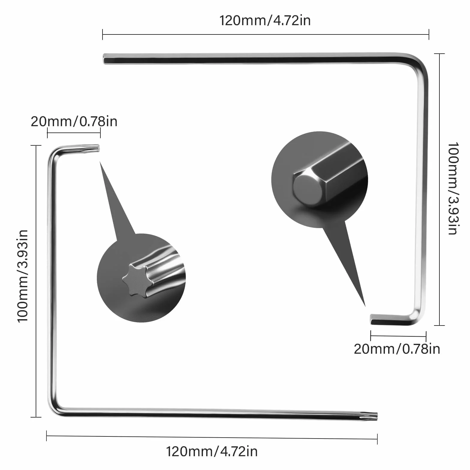 Zestaw 2 narzędzi do regulacji okno, zakrzywiony sześciokątny 4 mm i klucz Torx TX15, 20 × 100 × 120 mm, srebrny klucz do regulacji okien i drzwi balkonowych