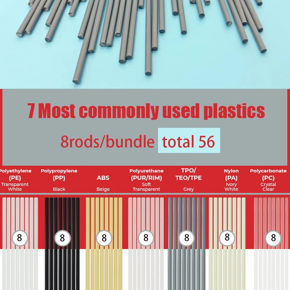 56 sztuk plastikowych prętów spawalniczych, 13 cali 7 rodzajów (PP ABS PU PE TPO PA PC) prętów spawalniczych z siatką ze stali nierdzewnej i papierem ściernym do zestawu spawalniczego do tworzyw