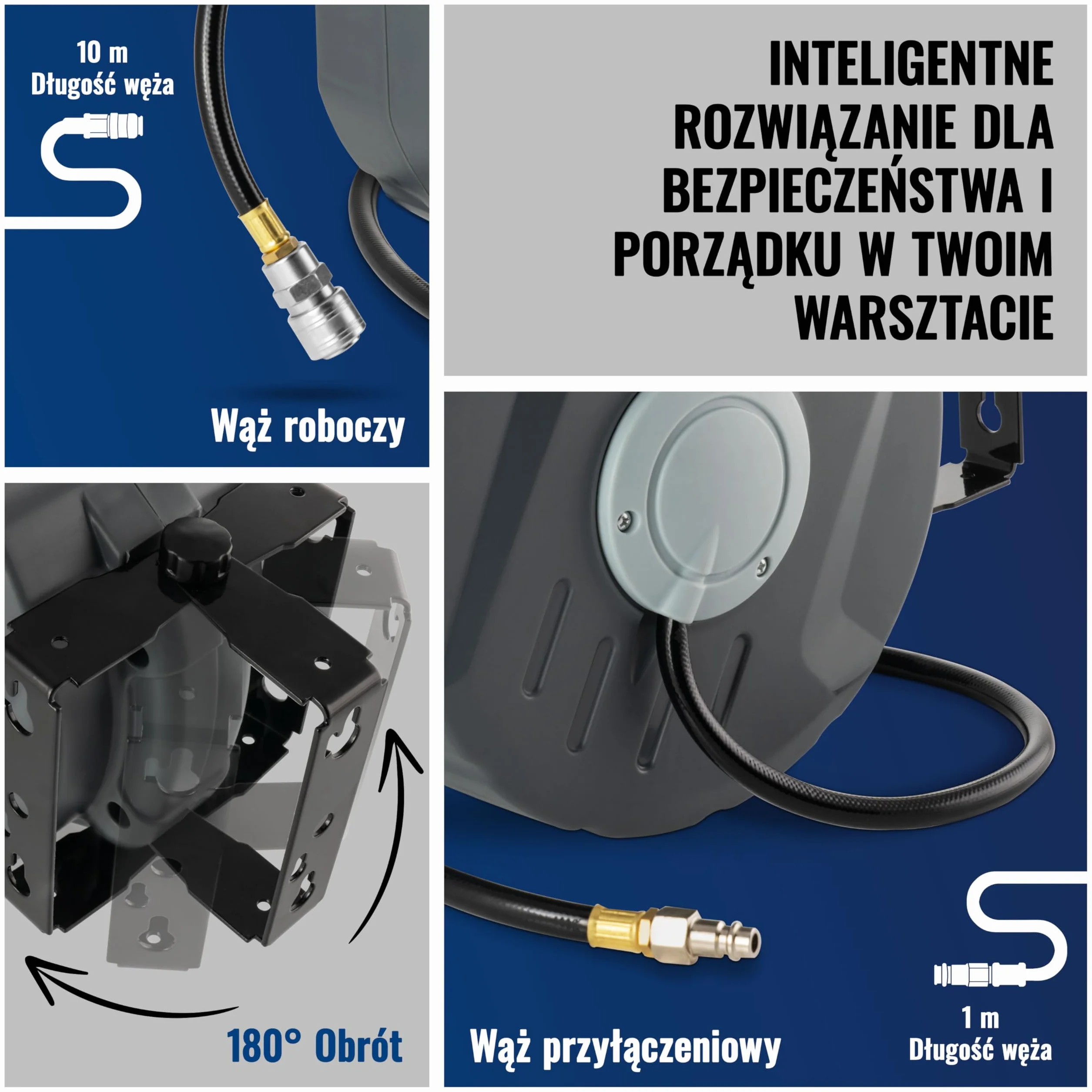 Poppstar wąż pneumatyczny zwijany (wąż: 10m+1m), średnica wew 5/16" (8 x12mm), 1/4" BSPT) Automatyczne nawijanie węża pneumatycznego na bęben