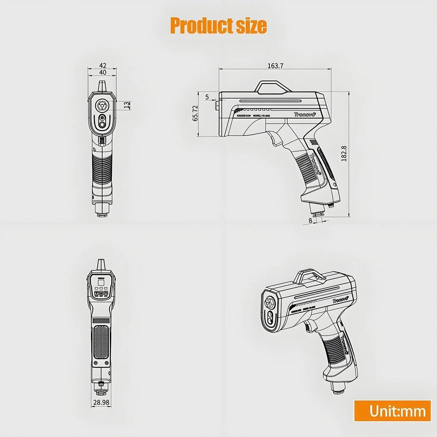 Ręczny pistolet jonizujący, pistolet antystatyczny, jonizujący, ręczny pistolet antystatyczny, eliminator ładunków elektrostatycznych, funkcja alarmu, lampa o wysokiej jasności EconomyType