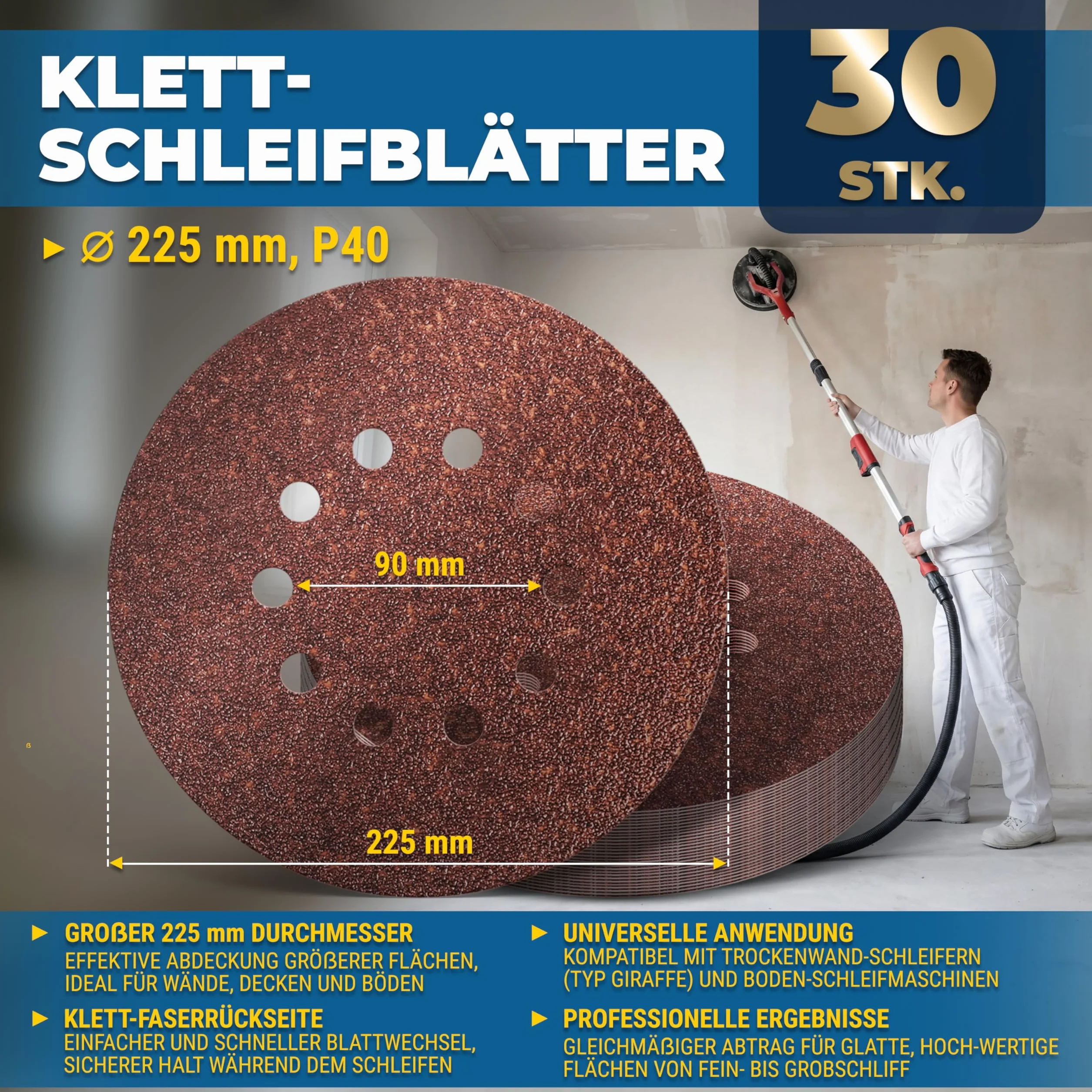 S&R Papier ścierny, 225 mm, rzep P40, 10 otworów, żyrafa szlifierska 225 mm, 30-częściowy do szlifierek mimośrodowych, szlifierek z długą szyjką (żyrafa szlifierska), papier ścierny do ścian, sufitu