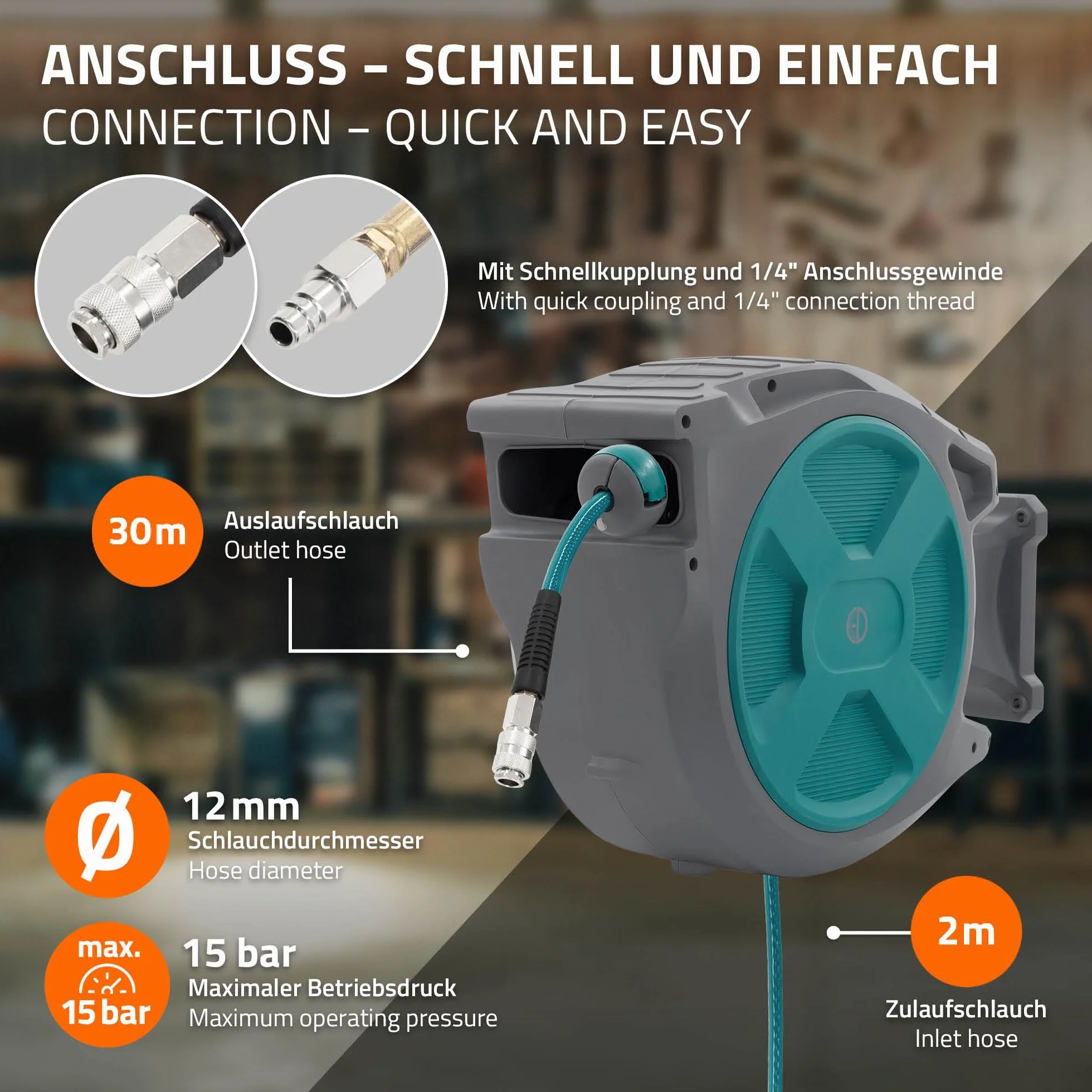 ECD Germany Automatyczny beben na waz pneumatyczny 30 m plus 2 m do sprezarki zwijacz scienny z blokada 1/4 cala szybkozlacze 15 bar obrotowy 180 stopni srednica weza 12 mm do warsztatu garazu domu