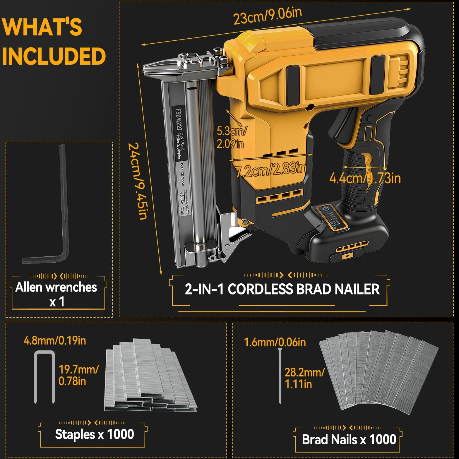 Akumulatorowa gwoździarka Brad do akumulatora Dewalt 18 V 20 V, 2 w 1, akumulatorowy zszywacz 18 GA ze 1000 gwoździami i 1000 zszywkami do majsterkowania i obróbki drewna