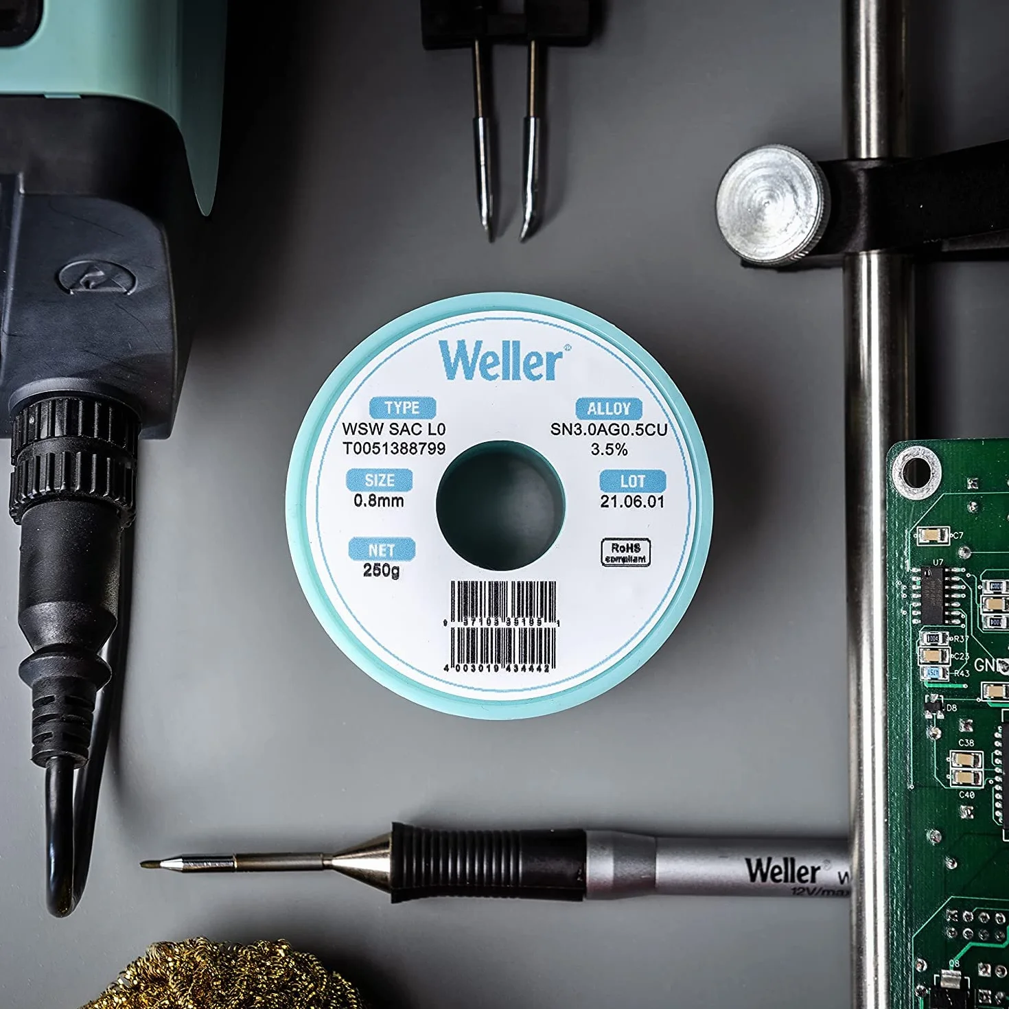 Weller WSW SCN M1 (T0051402999) bezołowiowy zestaw przewodów lutowniczych - Ø 0,3/0,5/0,8 mm, stop Sn99,3Cu0,6Ni0,05, zawartość strumienia 3,5%, 21 g