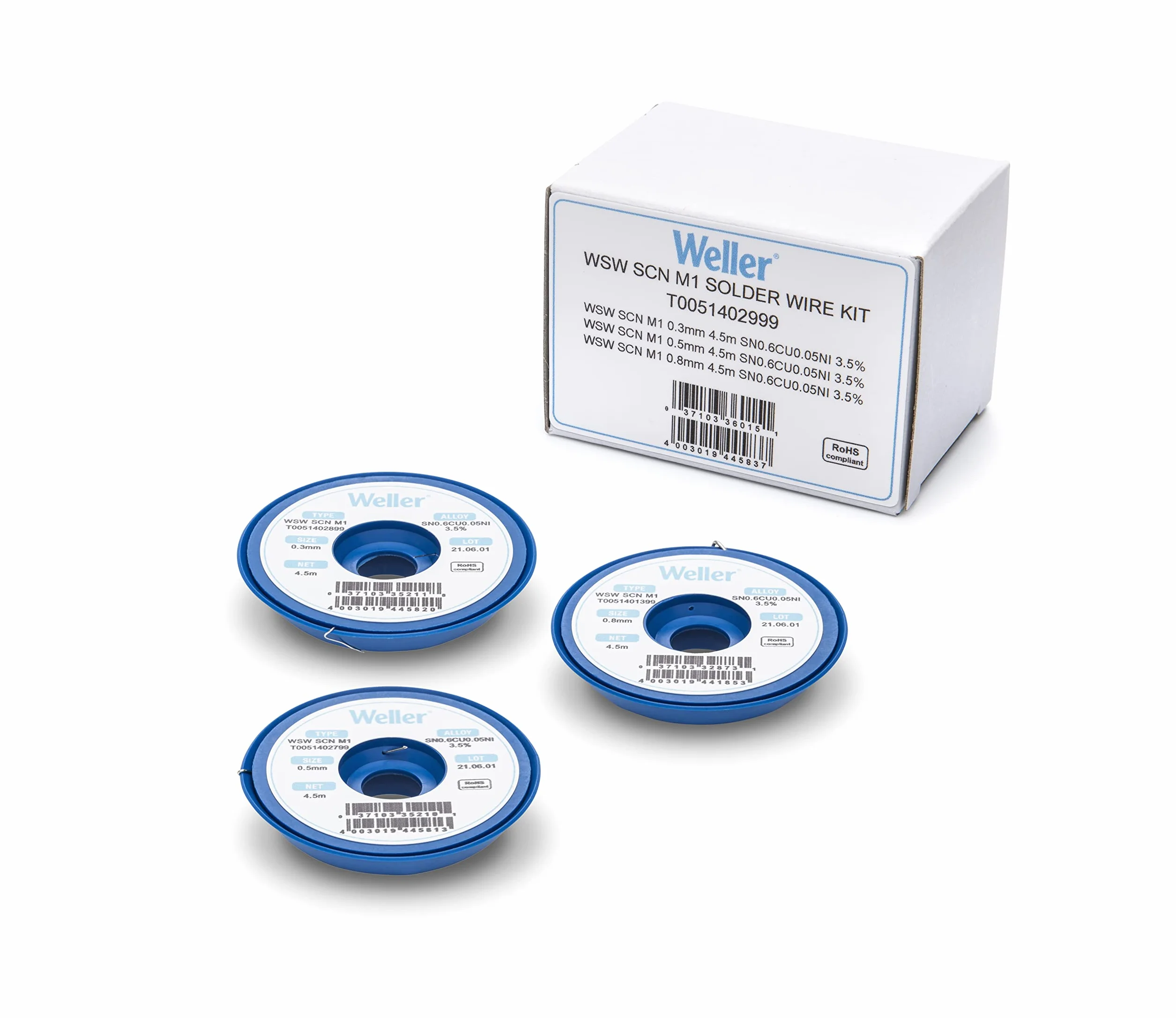 Weller WSW SCN M1 (T0051402999) bezołowiowy zestaw przewodów lutowniczych - Ø 0,3/0,5/0,8 mm, stop Sn99,3Cu0,6Ni0,05, zawartość strumienia 3,5%, 21 g