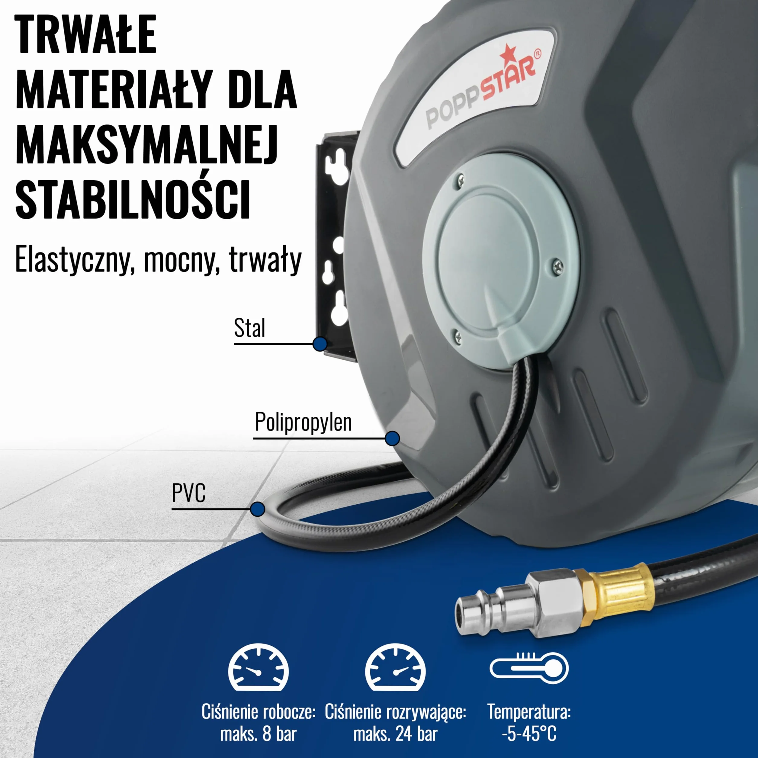 Poppstar wąż pneumatyczny zwijany (wąż: 10m+1m), średnica wew 5/16" (8 x12mm), 1/4" BSPT) Automatyczne nawijanie węża pneumatycznego na bęben