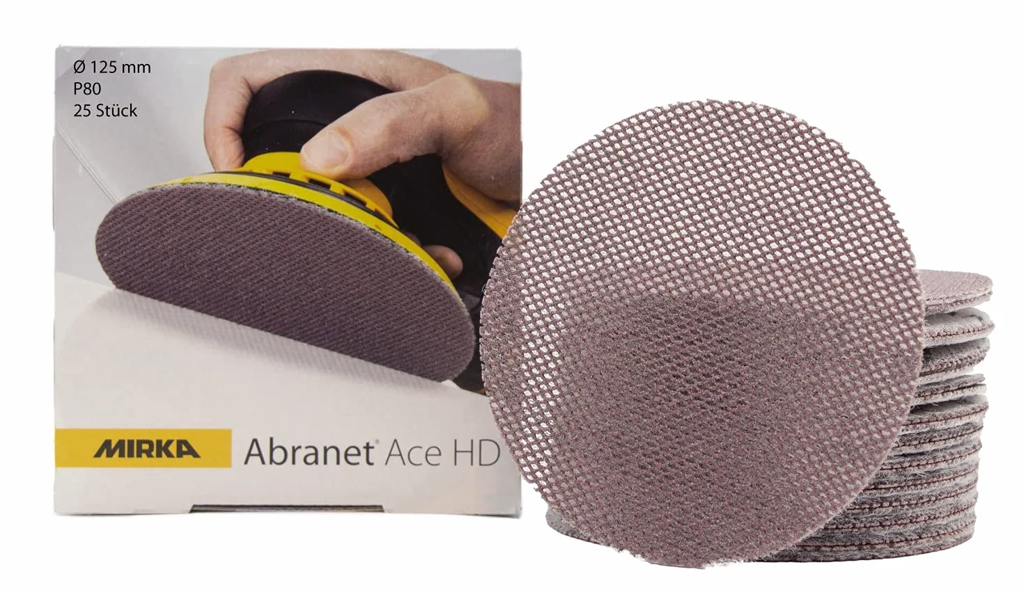 Mirka Abranet Ace HD tarcze szlifierskie siatkowe Ø 125mm rzep/ziarnistość P80 / 25 szt/Do szlifierek 125mm / Do szlifowania twardych powierzchni, drewna, szpachli, lakieru, metalu