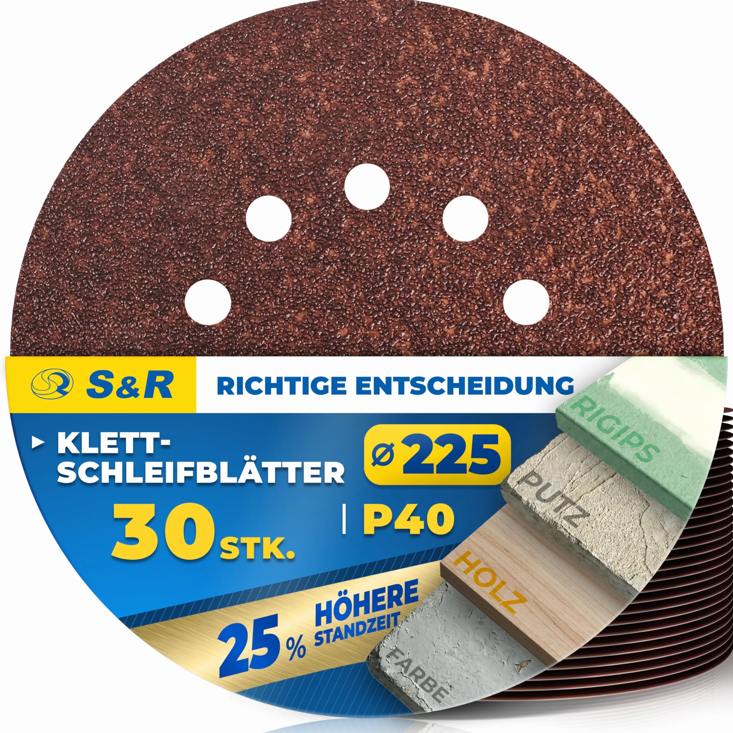 S&R Papier ścierny, 225 mm, rzep P40, 10 otworów, żyrafa szlifierska 225 mm, 30-częściowy do szlifierek mimośrodowych, szlifierek z długą szyjką (żyrafa szlifierska), papier ścierny do ścian, sufitu