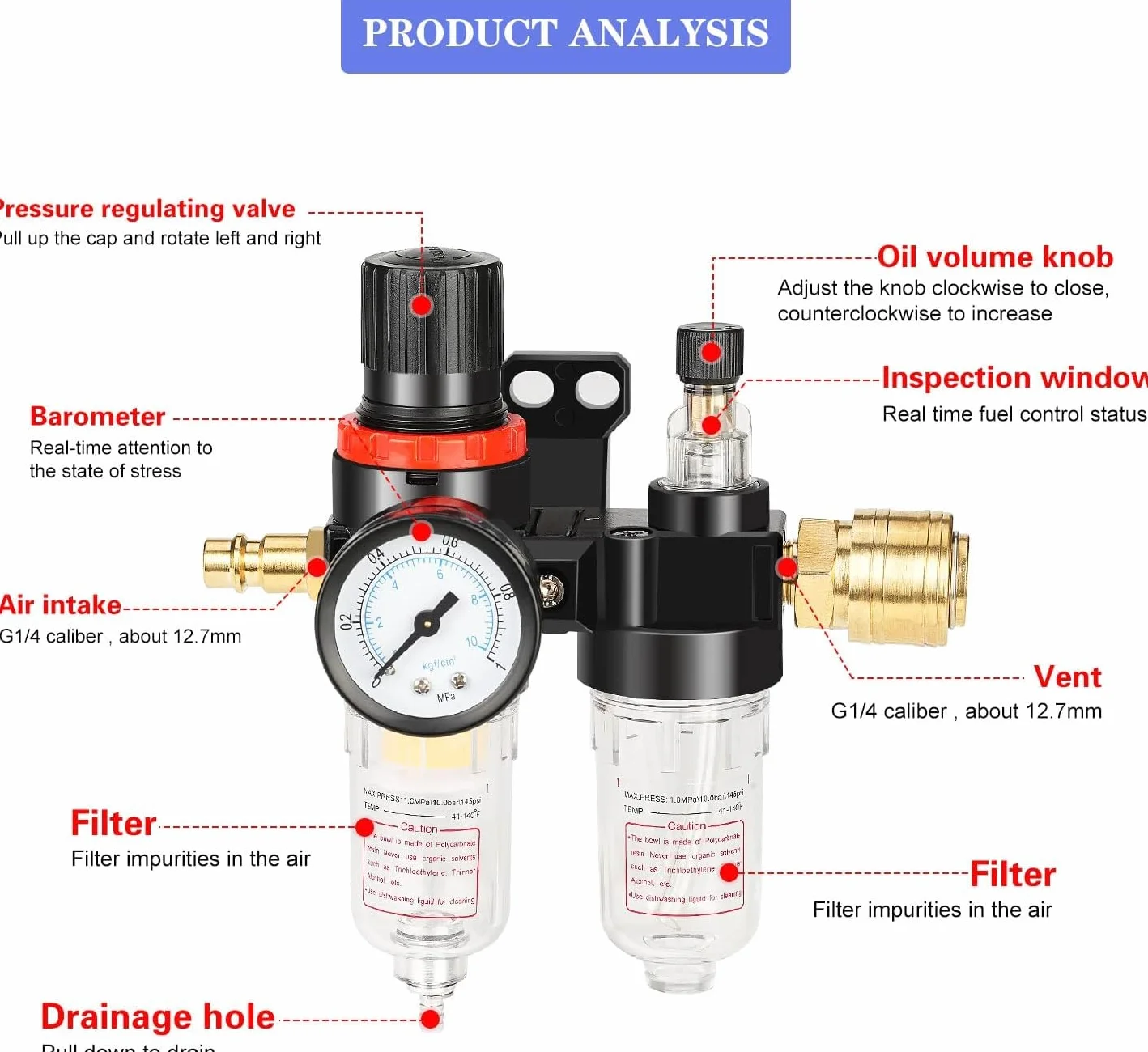 Dwugłowy Regulatora Ciśnienia, Separator Wody O Redukcji Ciśnienia, 1/4 Calowy Regulator Sprężonego Powietrza, Filtr Wody Sprężonego Powietrza Do Sprężarki Wody Sprężonej Powietrza