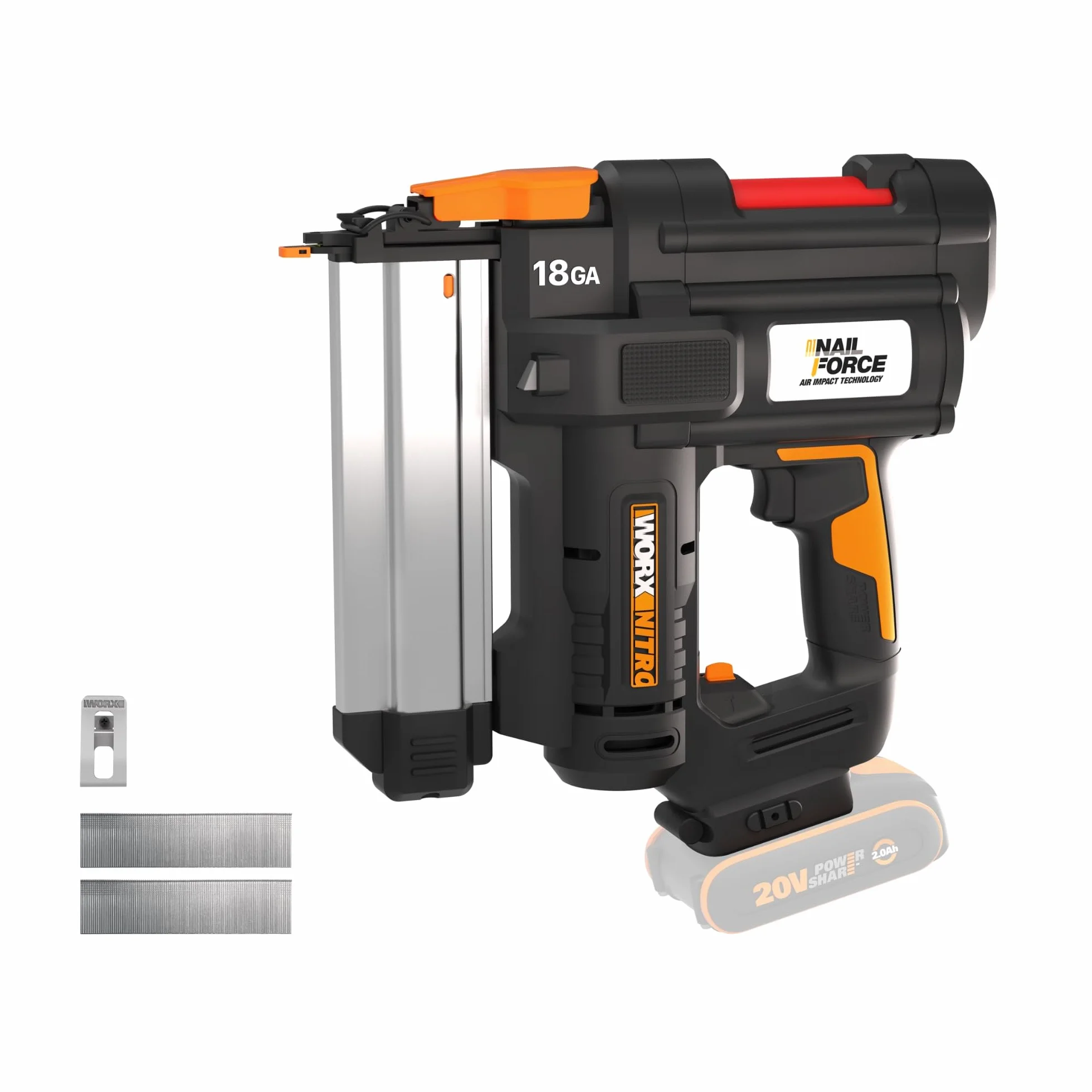 WORX WX842.9 Nitro gwoździarka akumulatorowa 20 V 18 GA – 80 gwoździ/min – do paznokci 15 – 50 mm – bezprzewodowy pistolet do paznokci o wysokiej wydajności – bez użycia narzędzi – bez akumulatora i
