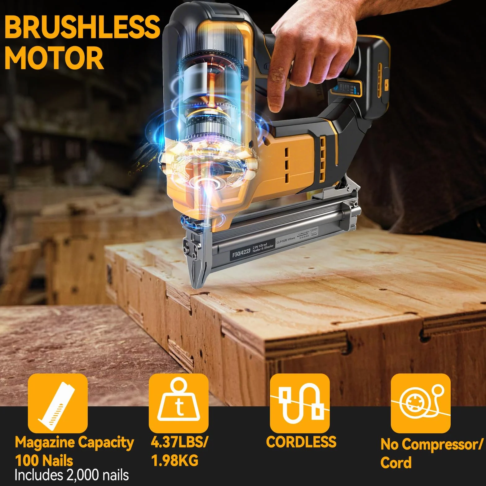 Akumulatorowa gwoździarka Brad do akumulatora Dewalt 18 V 20 V, 2 w 1, akumulatorowy zszywacz 18 GA ze 1000 gwoździami i 1000 zszywkami do majsterkowania i obróbki drewna