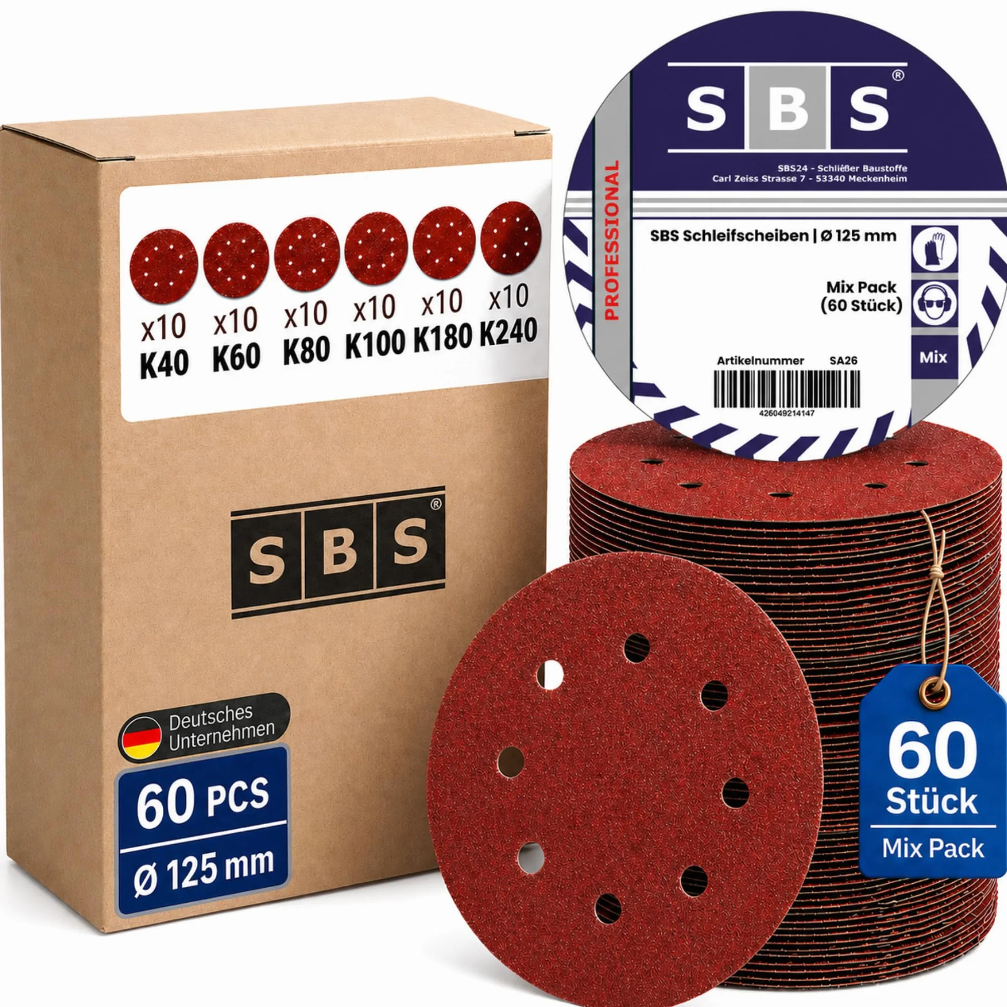 60 sztuk - składane tarcze szlifierskie o średnicy 125 mm ziarno każdorazowo 10x 40/60/80/120/180/240 do szlifierek ekscentrycznych, 8 otworów