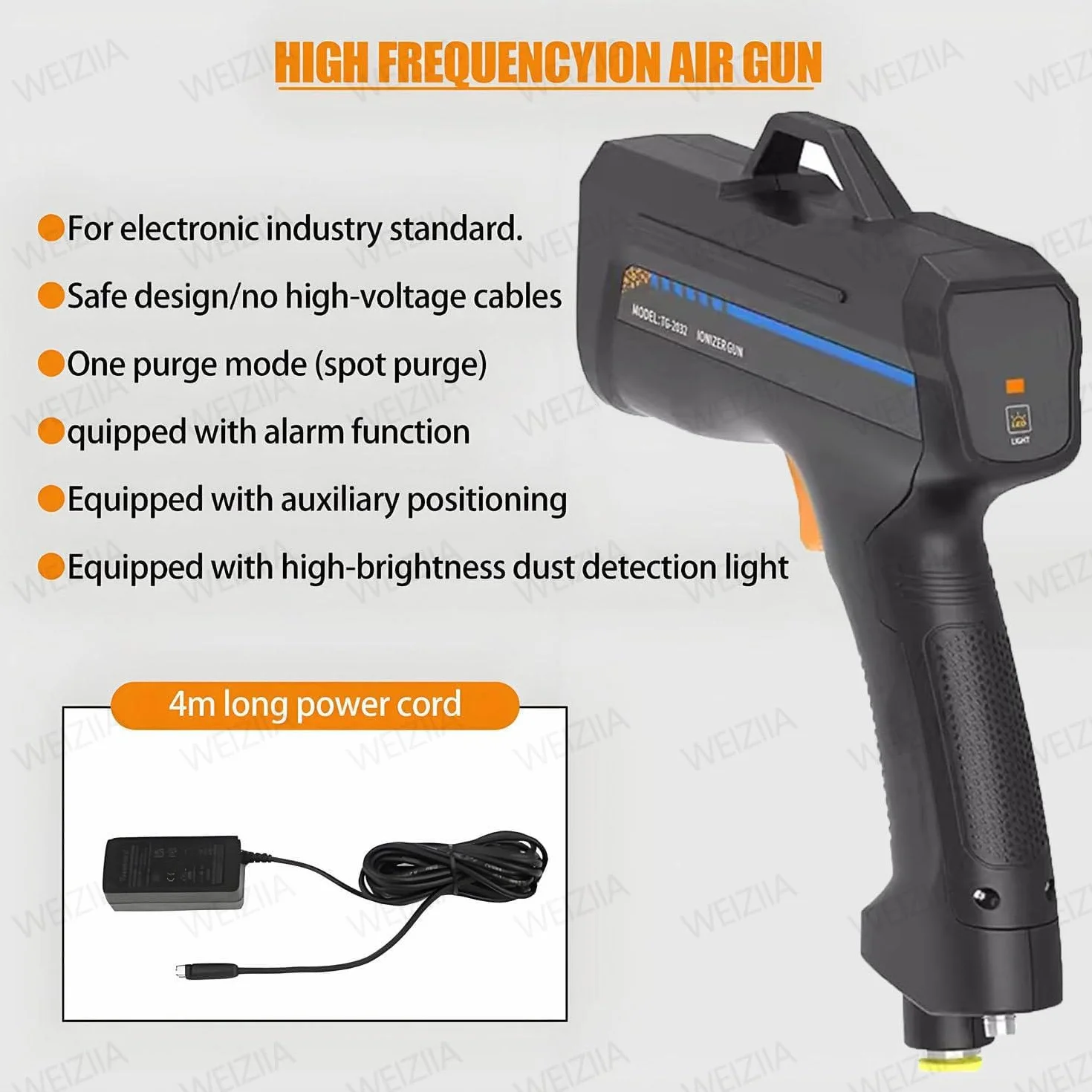 Ręczny pistolet jonizujący, pistolet antystatyczny, jonizujący, ręczny pistolet antystatyczny, eliminator ładunków elektrostatycznych, funkcja alarmu, lampa o wysokiej jasności EconomyType