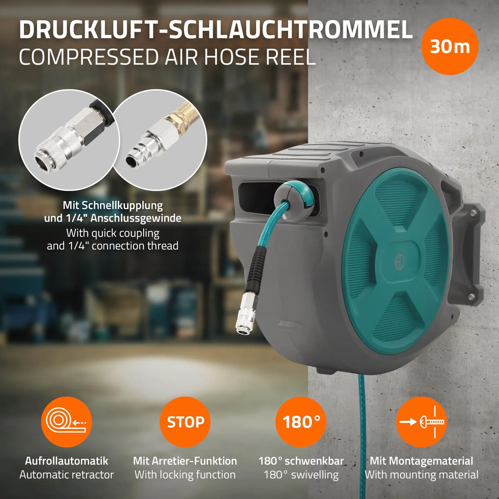 ECD Germany Automatyczny beben na waz pneumatyczny 30 m plus 2 m do sprezarki zwijacz scienny z blokada 1/4 cala szybkozlacze 15 bar obrotowy 180 stopni srednica weza 12 mm do warsztatu garazu domu