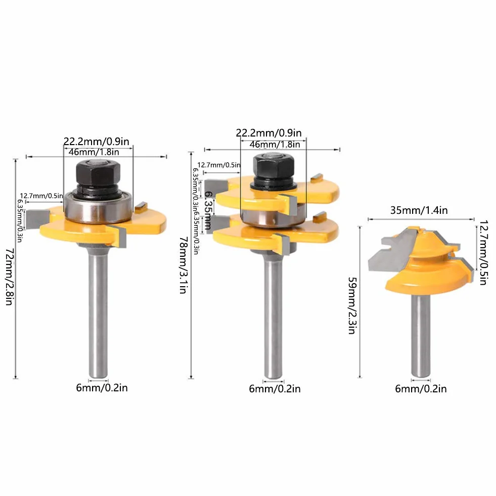 Zestaw Frezów Stile Wpuszczany i nóż do 3 szt. Narzędzie 45° Zęby 4 Shank Naczynie Maszyna do Obróbki Drewna Router Bit Narzędzie Narzędzie Bity do Okien Drzwi