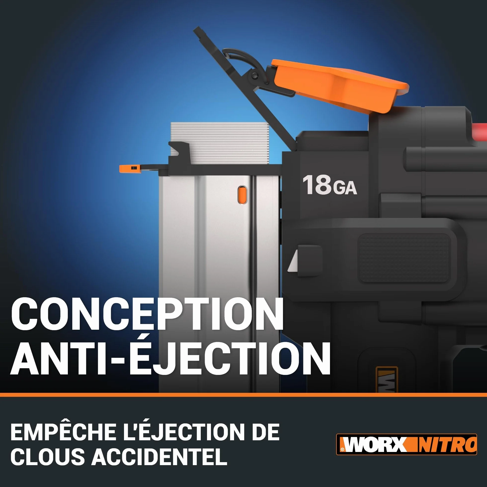WORX WX842.9 Nitro gwoździarka akumulatorowa 20 V 18 GA – 80 gwoździ/min – do paznokci 15 – 50 mm – bezprzewodowy pistolet do paznokci o wysokiej wydajności – bez użycia narzędzi – bez akumulatora i