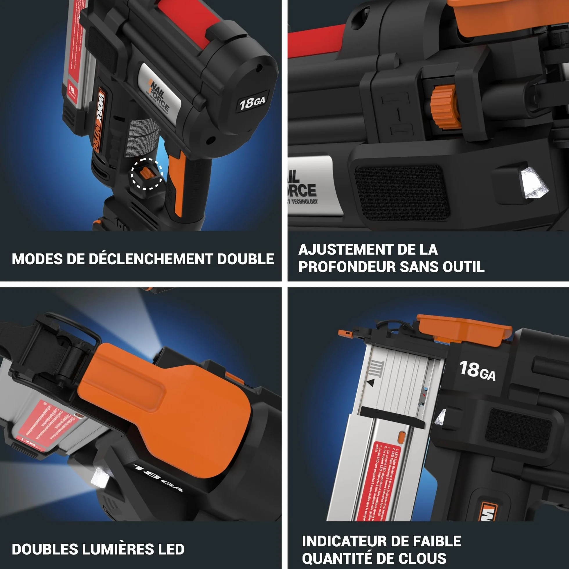 WORX WX842.9 Nitro gwoździarka akumulatorowa 20 V 18 GA – 80 gwoździ/min – do paznokci 15 – 50 mm – bezprzewodowy pistolet do paznokci o wysokiej wydajności – bez użycia narzędzi – bez akumulatora i