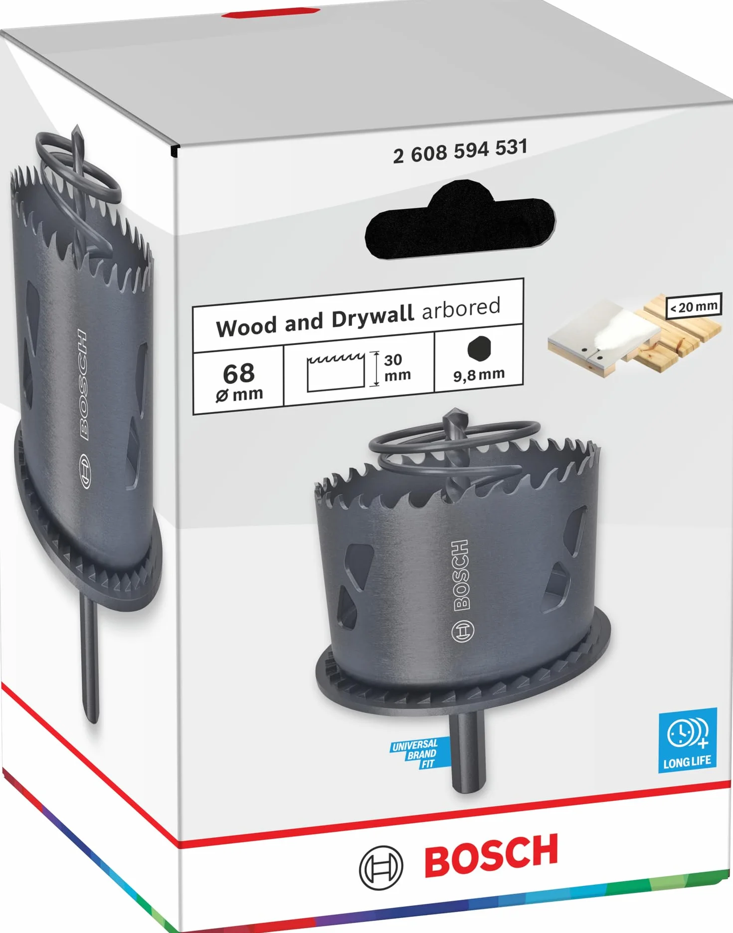 Bosch 1x Piła otwornica trzpieniowa z nawiertakiem do drewna i płyt kartonowo-gipsowych (do Płyta gipsowo-kartonowa, Miękkie drewno, Ø 68 mm, Professional Akcesoria Wiertarki)