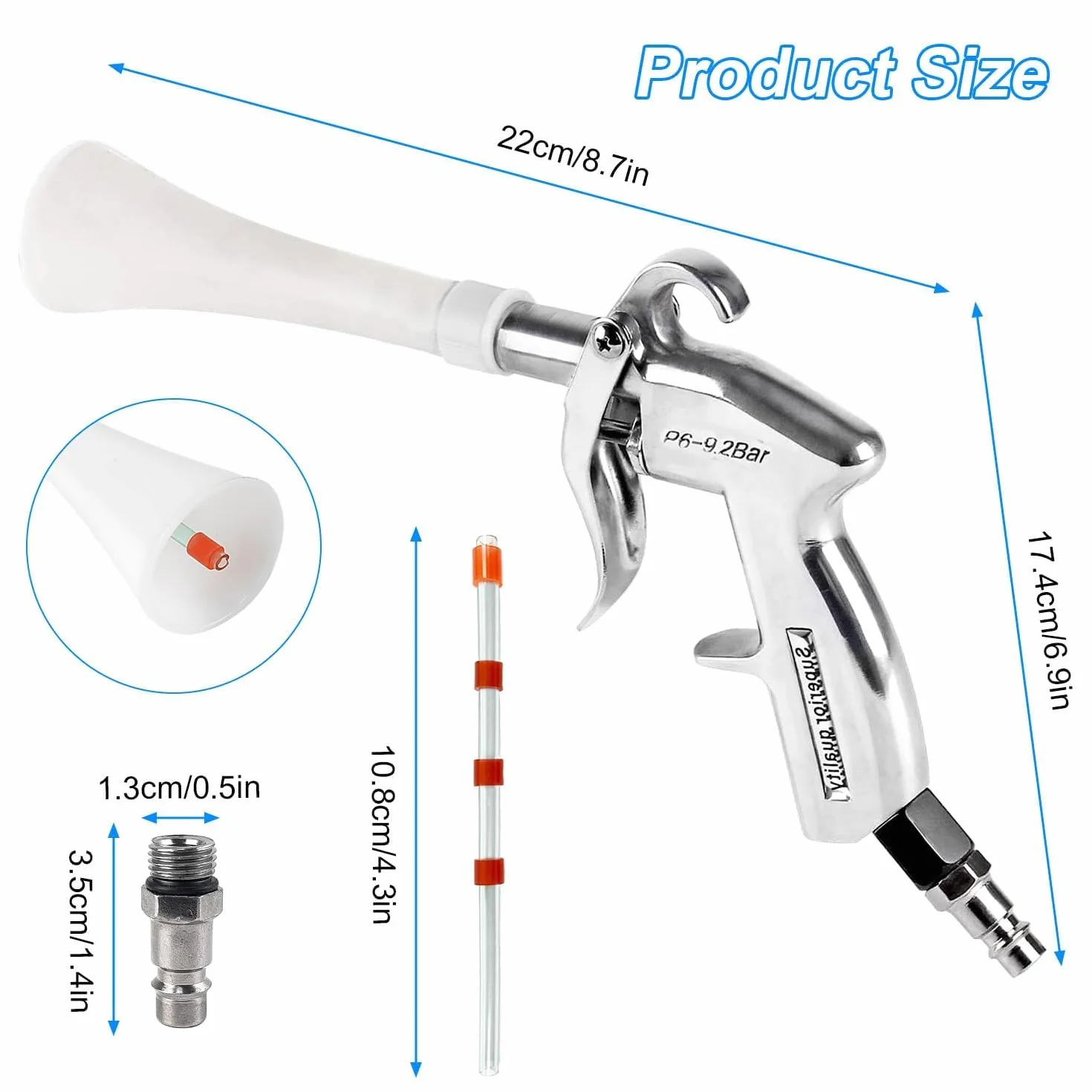 Pistolet do Czyszczenia Sprężonym Powietrzem, 6-9,2 Bar, z 5 Dyszą, Stop Aluminium + PE, Pistolet Przedmuchowy, Wysokociśnieniowy Pistolet Powietrzny do Mycia Samochodów i Podłóg