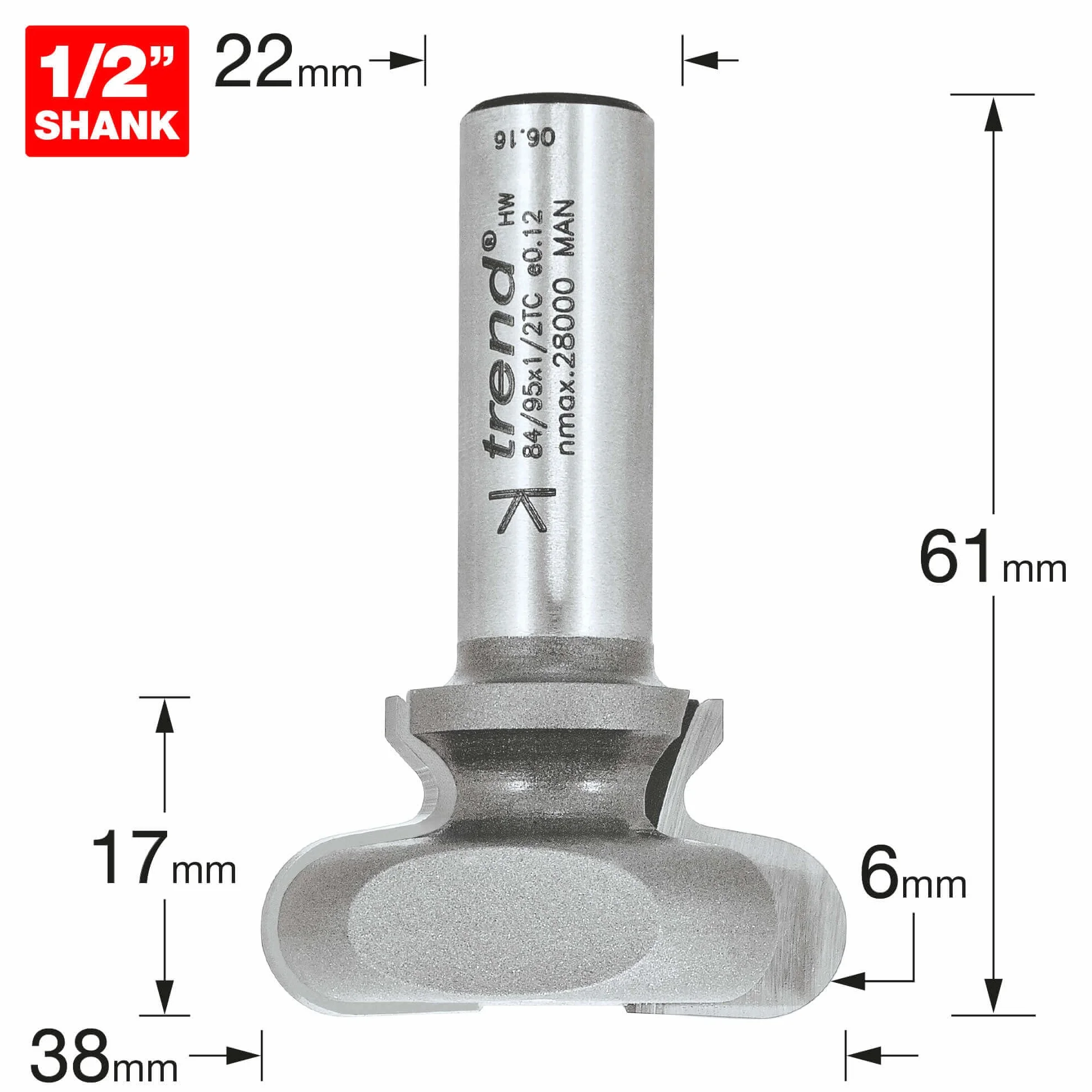 Trend Profesjonalny frez do uchwytów szuflad, trzpień 1/2 cala, średnica cięcia 38 mm i długość cięcia 17 mm, węglik spiekany (TCT), 84/95X1/2TC
