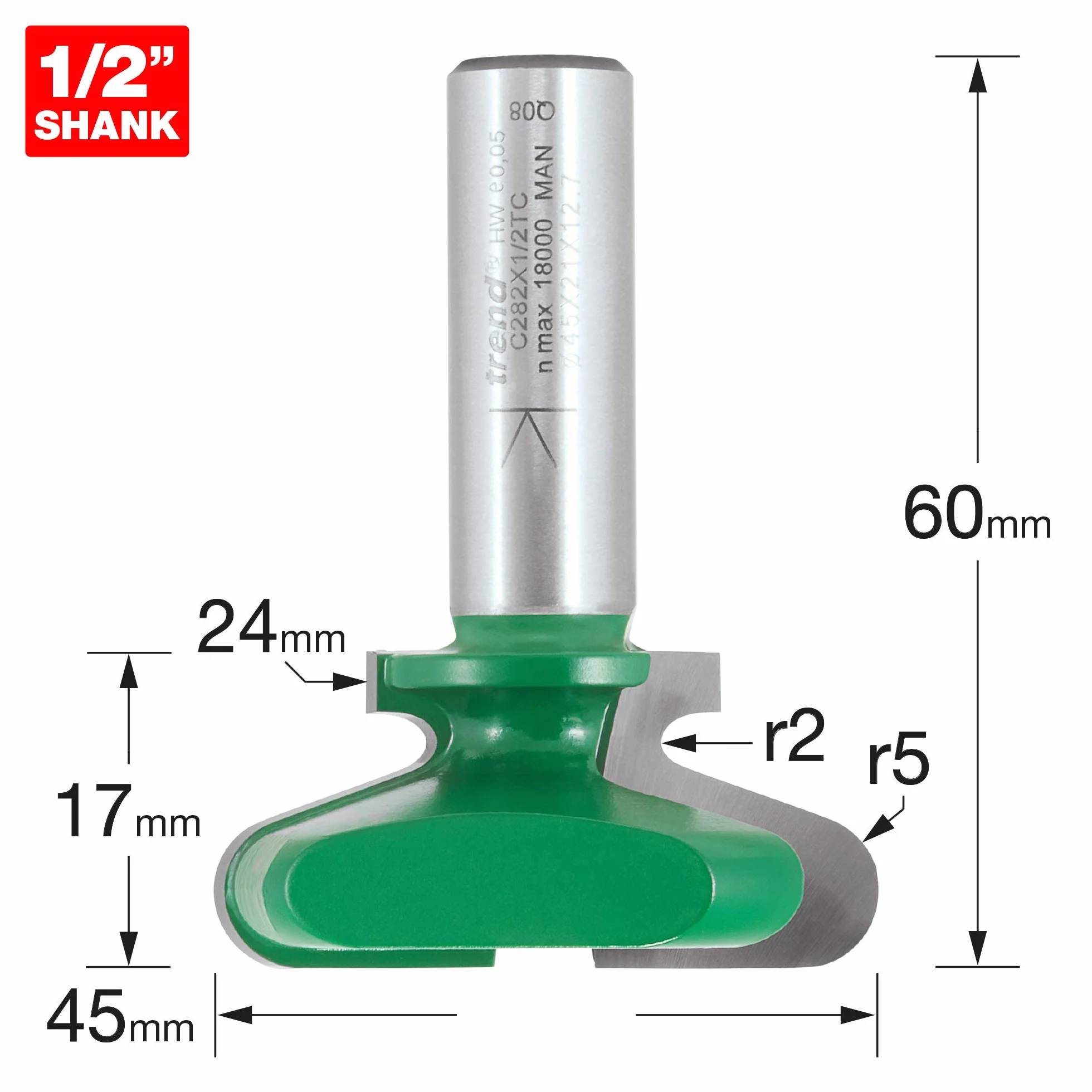 Trend CraftPro frez do uchwytów szuflad, trzpień 1/2 cala, średnica cięcia 45 mm i promień cięcia 5 mm, węglik spiekany (TCT), C282X1/2TC