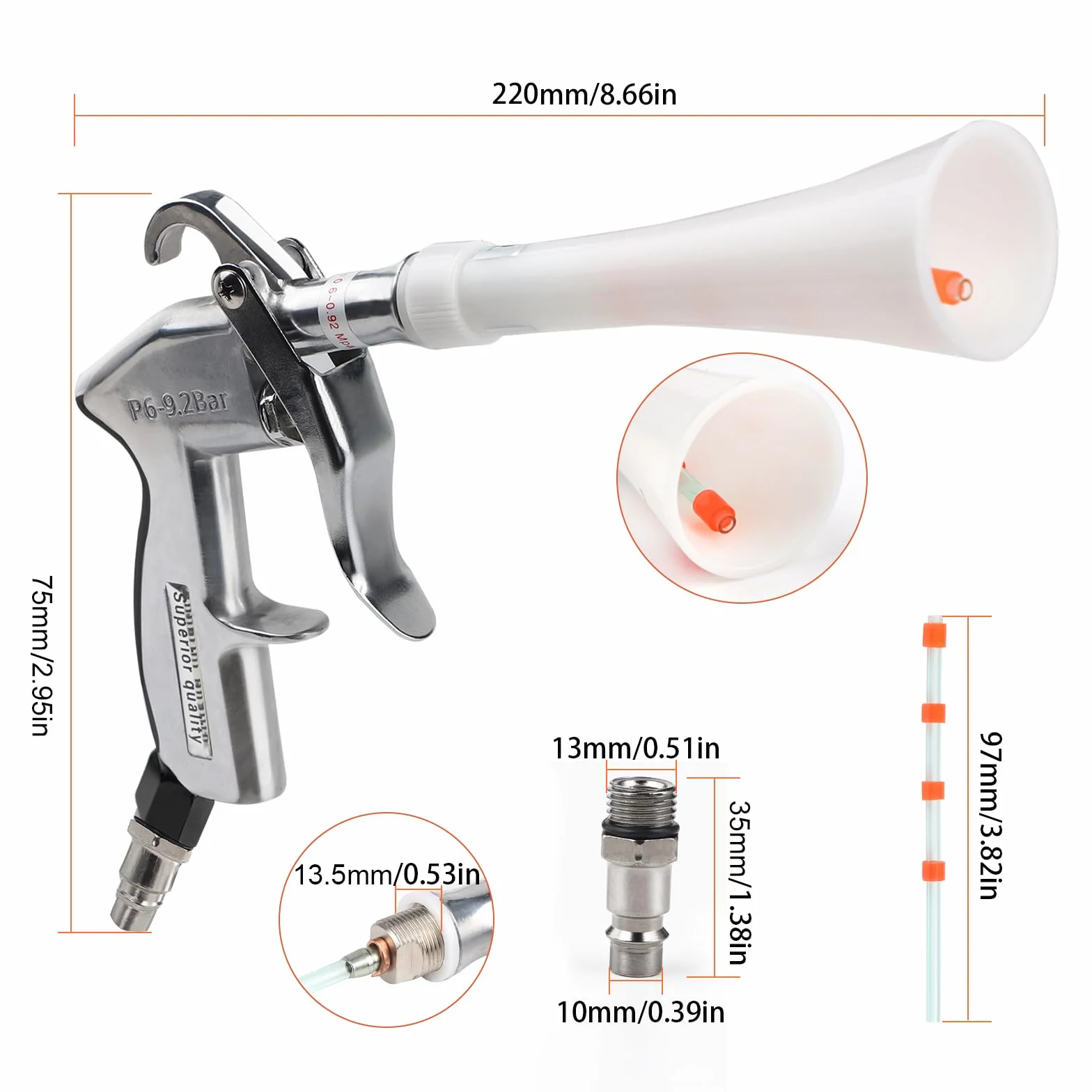 EXLECO Pistolet do czyszczenia na sprężone powietrze, do sprężarki, 6-9 bar, pistolet na sprężone powietrze, pistolet natryskowy, pistolet natryskowy, do czyszczenia sprężonego powietrza, bez