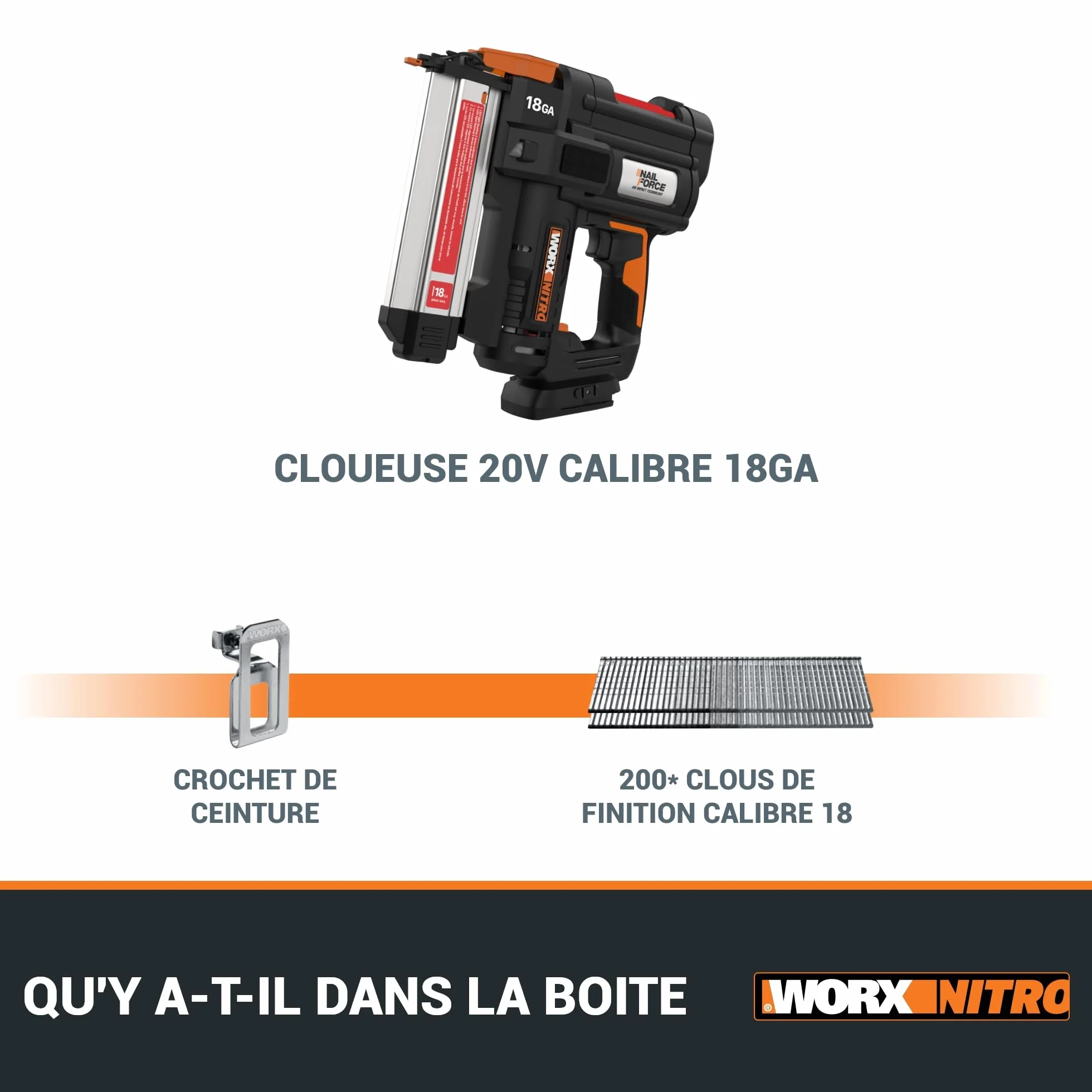 WORX WX842.9 Nitro gwoździarka akumulatorowa 20 V 18 GA – 80 gwoździ/min – do paznokci 15 – 50 mm – bezprzewodowy pistolet do paznokci o wysokiej wydajności – bez użycia narzędzi – bez akumulatora i