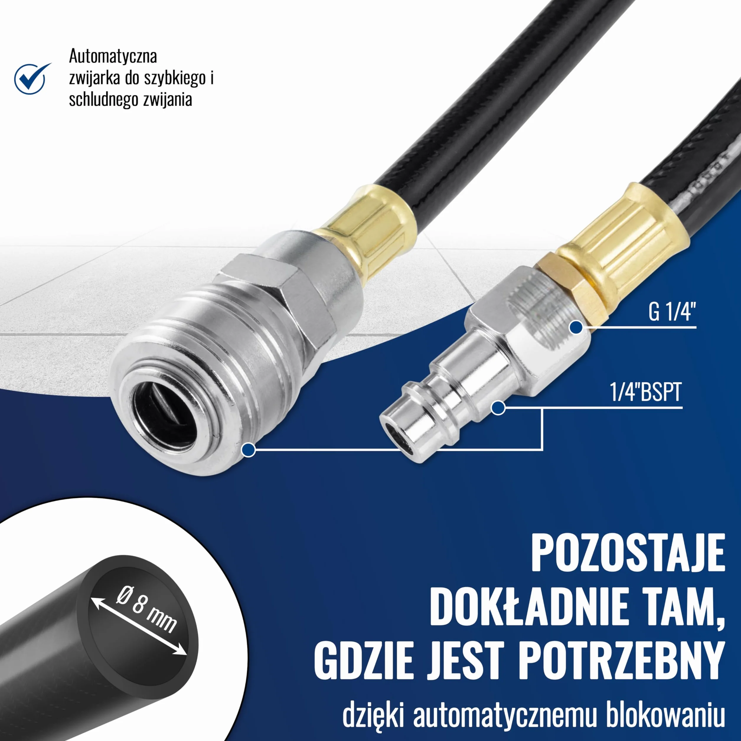 Poppstar wąż pneumatyczny zwijany (wąż: 10m+1m), średnica wew 5/16" (8 x12mm), 1/4" BSPT) Automatyczne nawijanie węża pneumatycznego na bęben