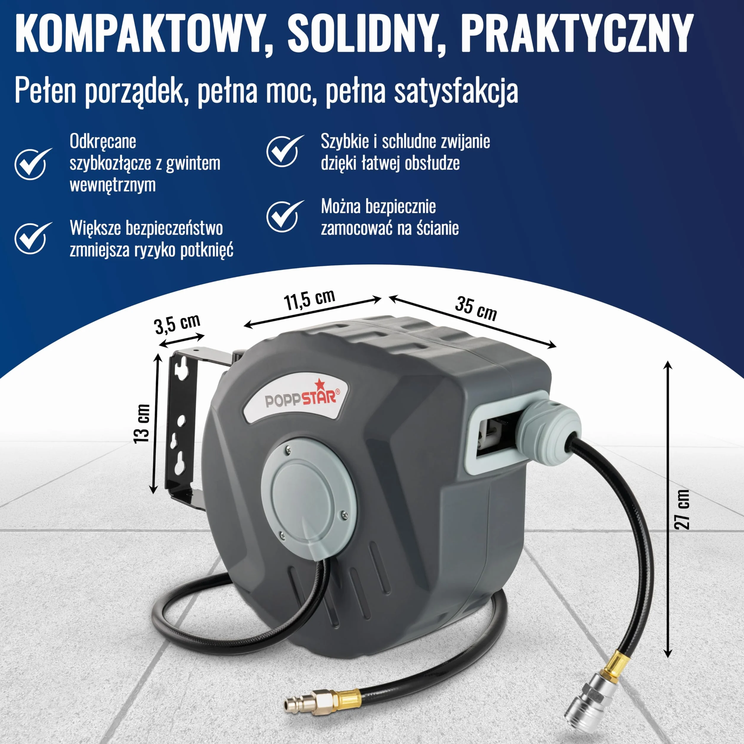 Poppstar wąż pneumatyczny zwijany (wąż: 10m+1m), średnica wew 5/16" (8 x12mm), 1/4" BSPT) Automatyczne nawijanie węża pneumatycznego na bęben